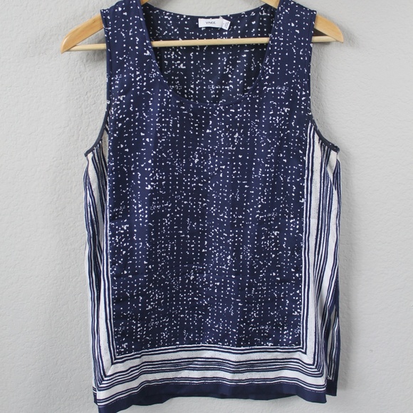 Vince Tops - Vince Navy and White Silk Mediterranean Tank Top